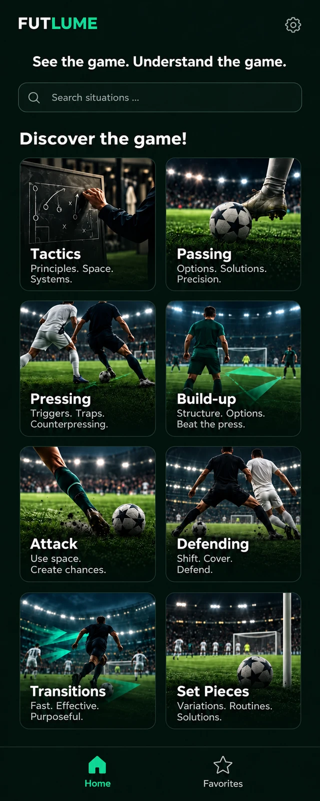 FUTLUME home screen with search and the eight categories