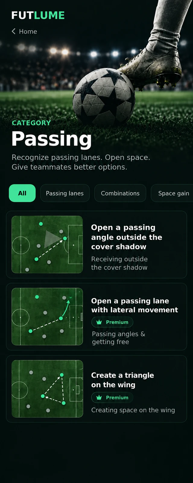FUTLUME Passing category with a list of situations and tactical previews