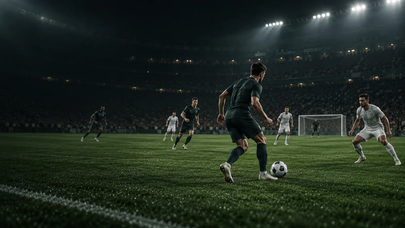Football match under floodlights with a player on the ball in the foreground